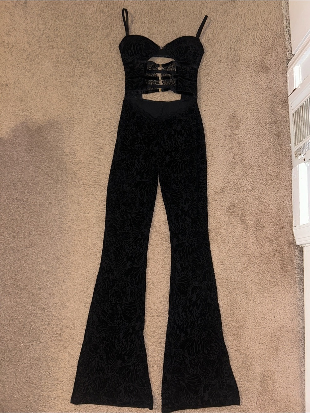 Outcast Black Cutout Velvet Jumpsuit with Flared Legs